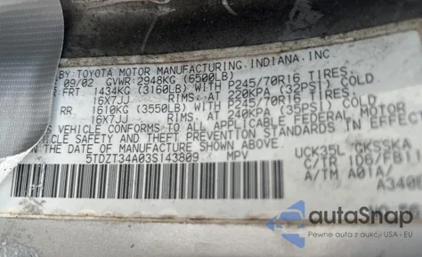 2003 Toyota Sequoia Sr5 из США, поврежденный, VIN 5TDZT34A03S143809